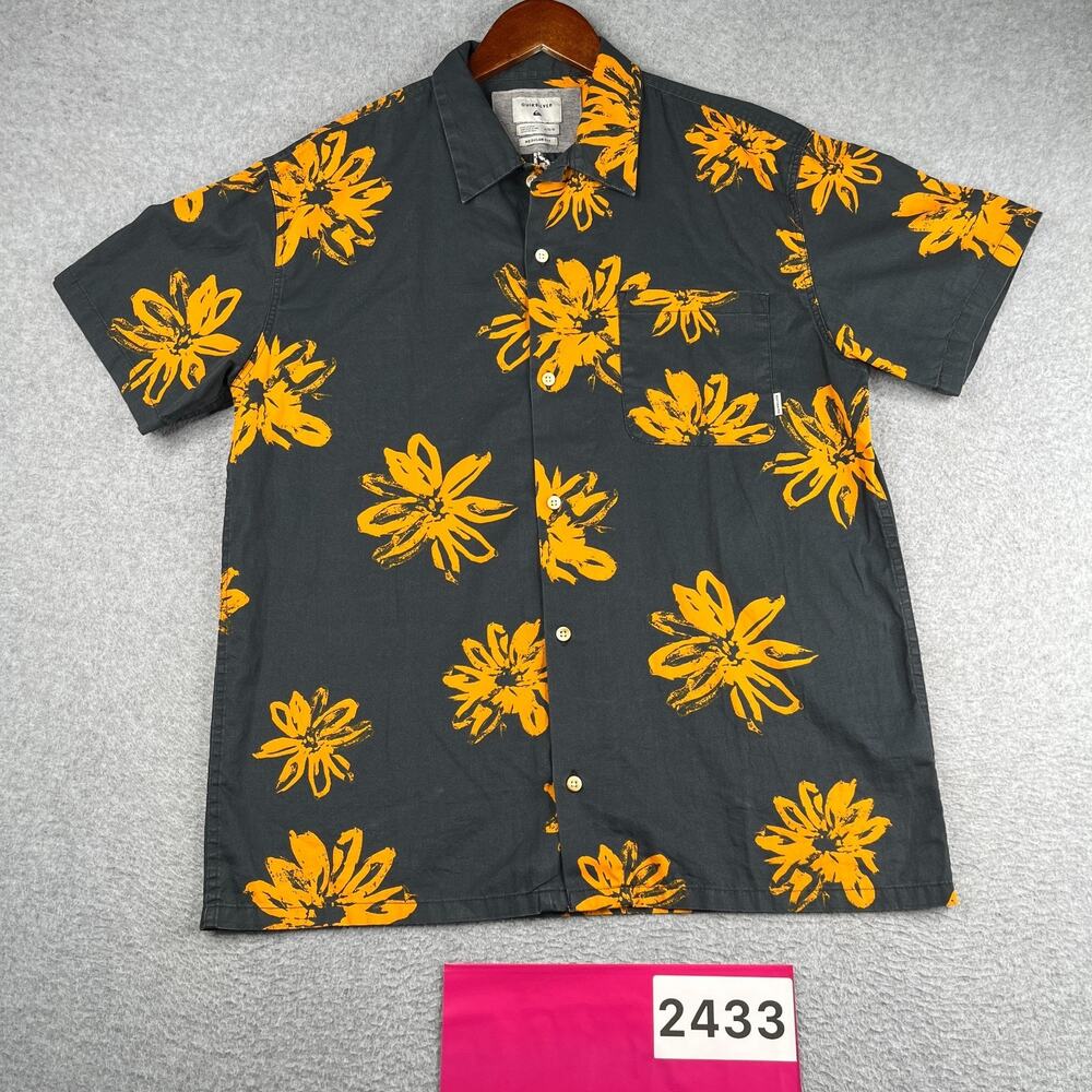 Quiksilver Tropical Print Gay Orange Shirt Pocket Button Up Short Sleeve Mens L